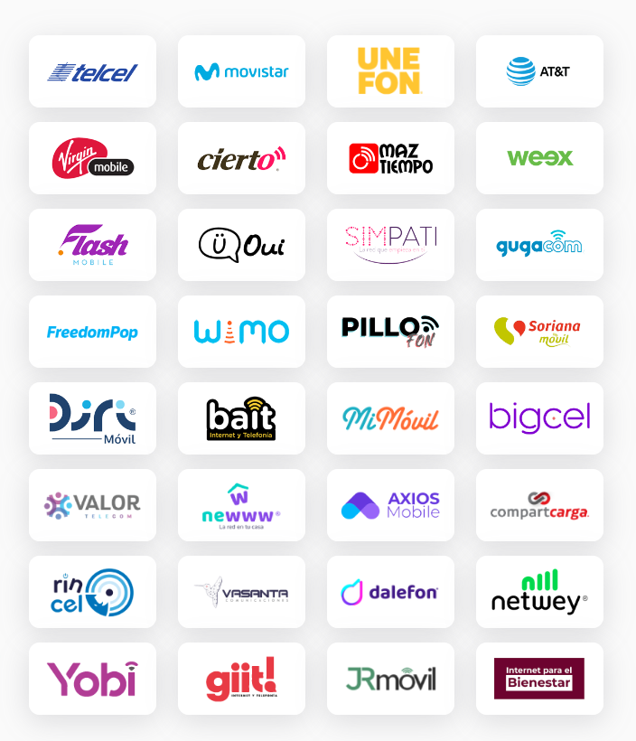 Venta de tiempo aire móvil en México: Telcel, AT&T, Movistar, Unefon, Virgin Mobile, Weex, Soriana Móvil, OUI, Bait, FreedomPop, Netwey, Diri Móvil, Flash Mobile, Mimóvil, Maz Tiempo, JR Móvil, Internet para el Bienestar, Compartfon, Axios Mobile, Bigcel, Cierto, Dalefon, Gugacom, Giit, Newww, Rincel, Valor Telecom, Vasanta, PilloFon y WIMO. ire.